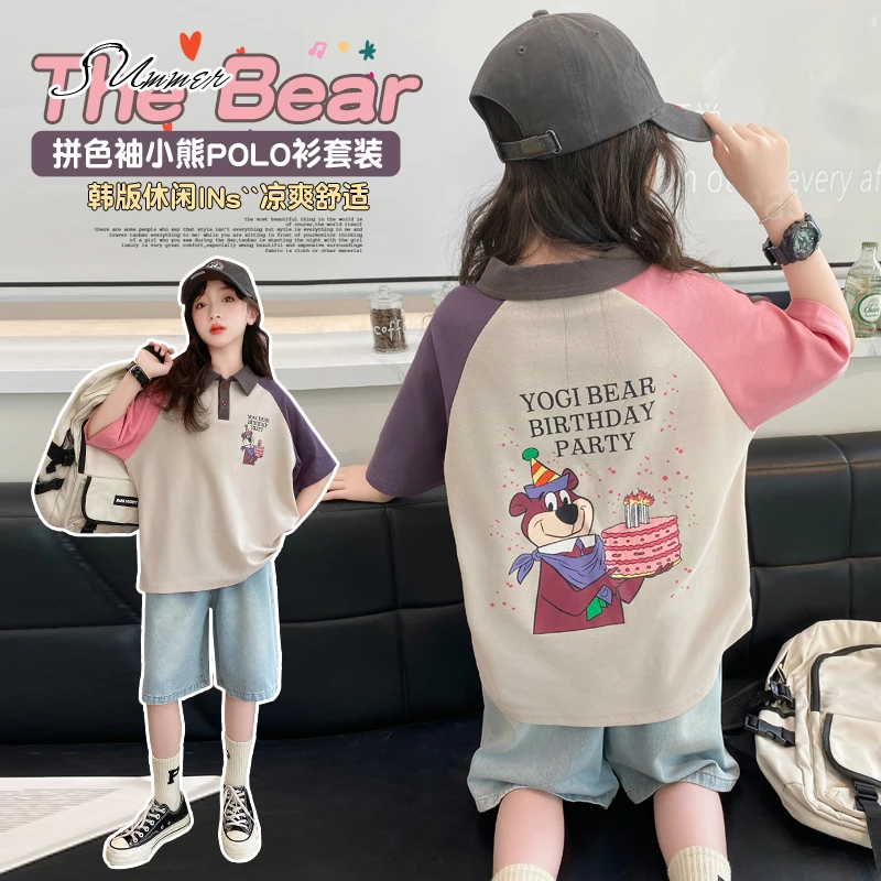 女童夏季套装2024新款韩版休闲透气POLO衫儿童牛仔中裤女孩两件套