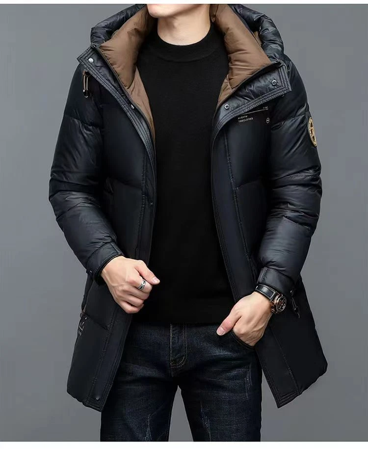 杭州高档正品新款白鸭绒羽绒服男中长款加绒潮流百搭加厚保暖外套