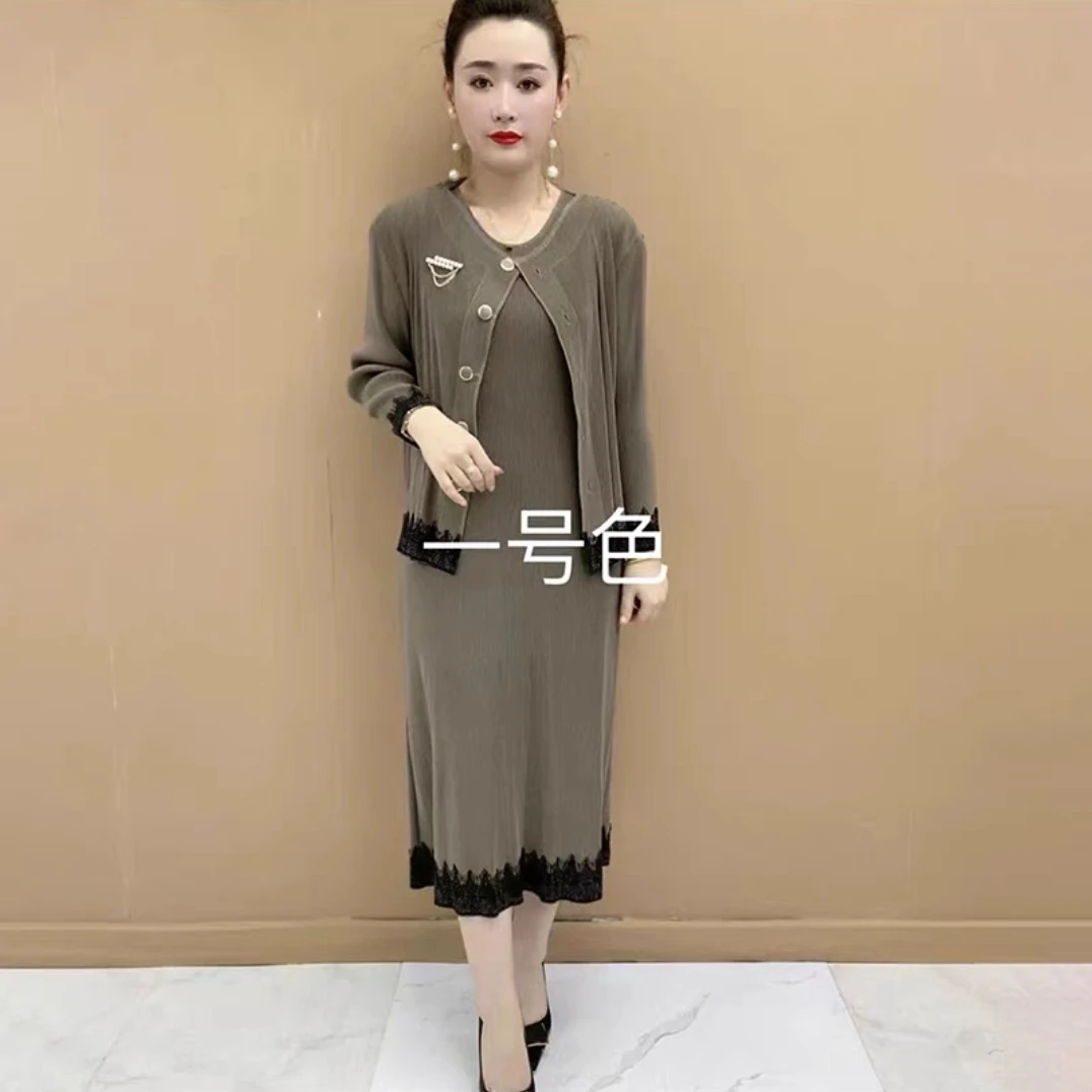 （胸针两件套）新三宅两件套褶皱连衣裙套装时尚简约轻便百搭显瘦