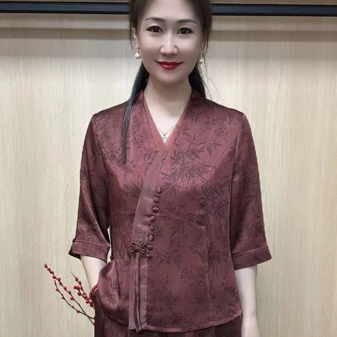 梅兰竹菊偏襟拼接蕾丝半袖醋酸上衣加裤子两件套夏季时尚气质套装