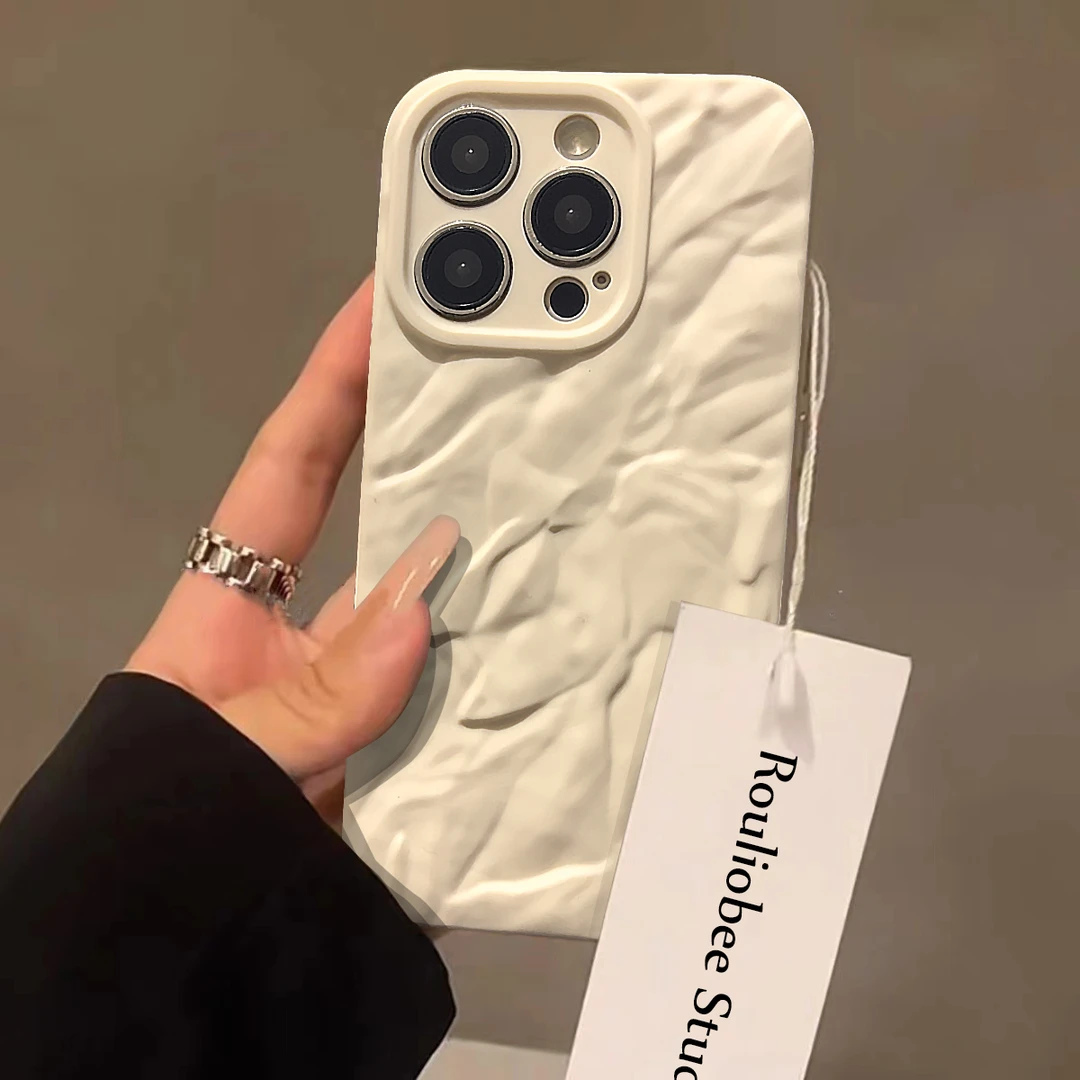 高级白色褶皱简约适用苹果15手机壳iphone13/14promax防摔12/11女