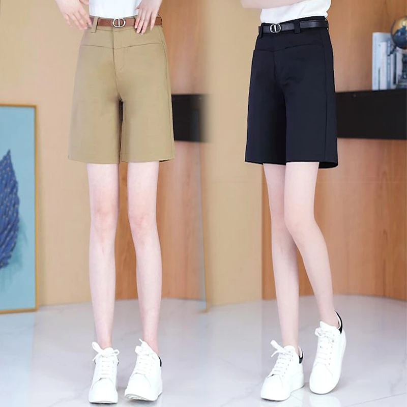 卡其色五分裤女夏季薄款高腰外穿宽松短裤大码百搭休闲直筒阔腿裤