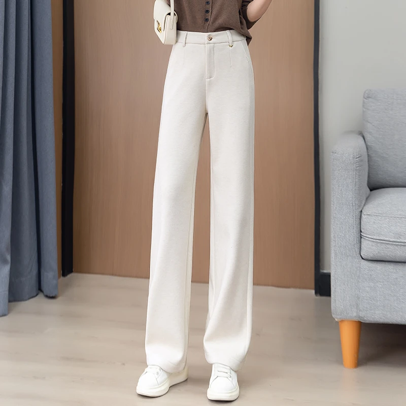 米白色绵羊毛裤女窄版阔腿裤秋冬新款高腰显瘦宽松休闲加厚直筒裤