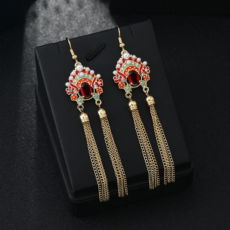 锌合金耳饰 京剧脸谱刀马旦长款气质流苏耳环精致新国潮红色耳坠