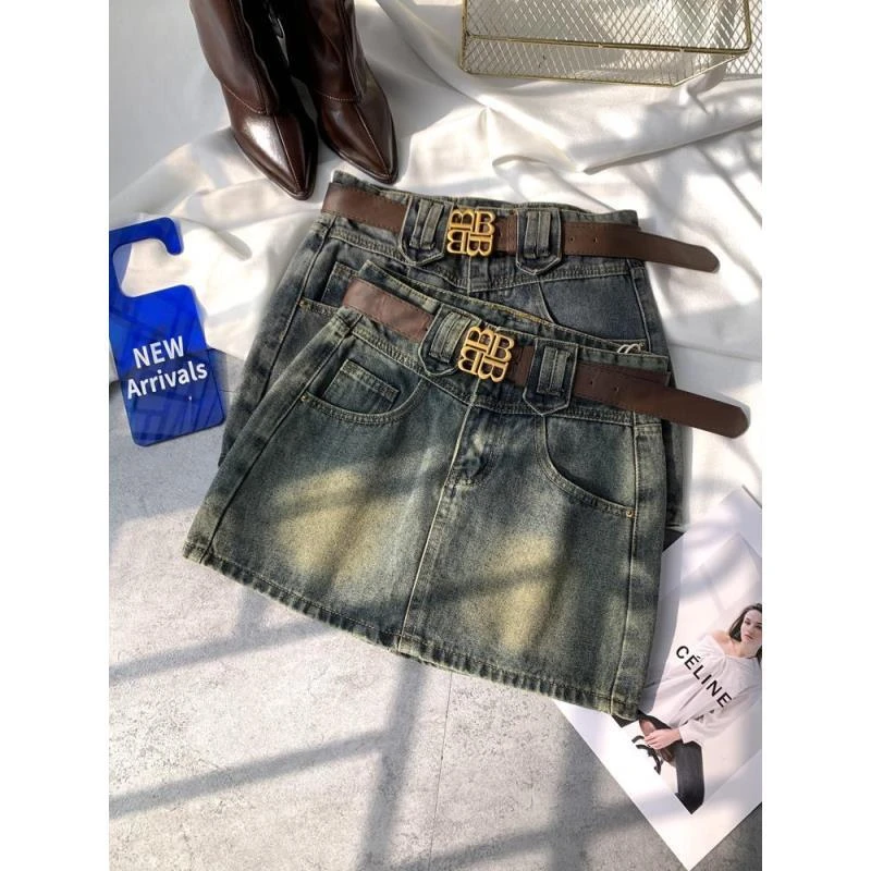 欧货大腰带复古牛仔短裙2025春新款显瘦百搭防走光高腰a字半身裙