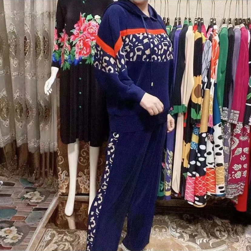 褶皱宽松大码长袖连帽套装