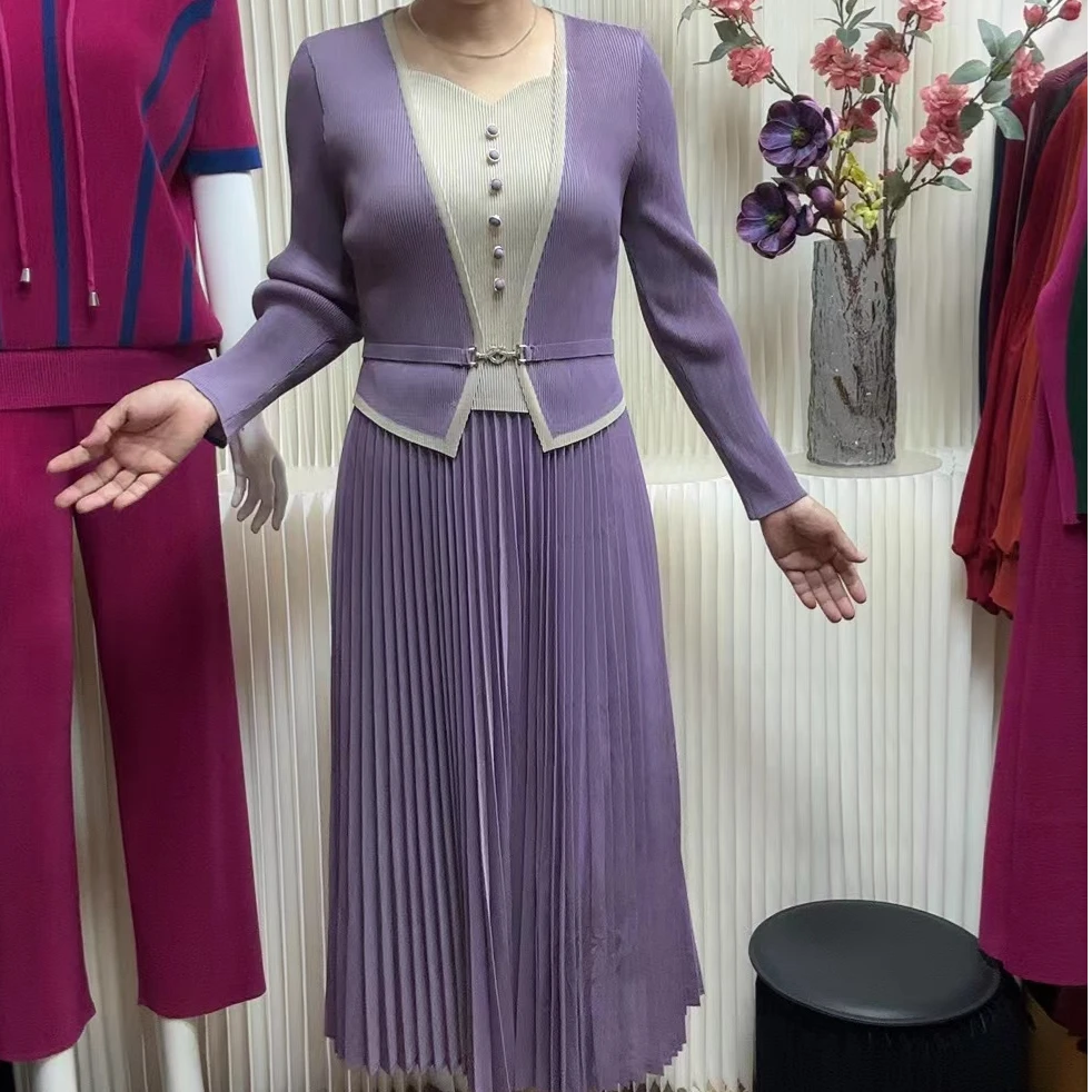 褶皱撞色收腰显瘦中长款连衣裙