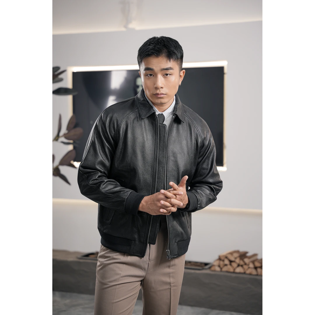 虎丁真皮 头层山羊皮2415 经典翻领黑色男士真皮皮衣 拉链款