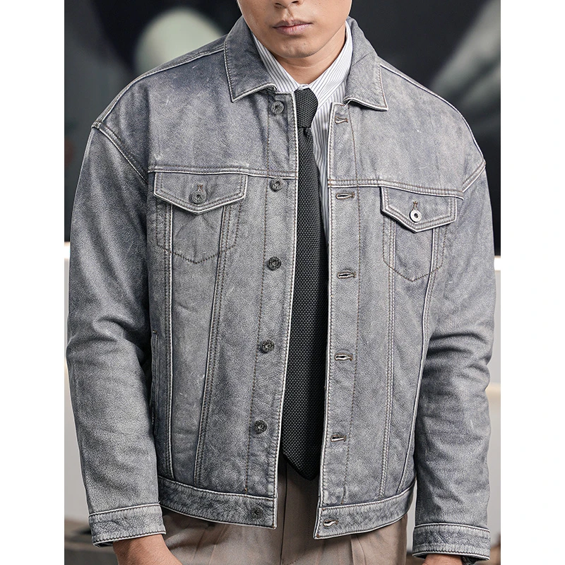 头层牛皮PKS2311 男士休闲复古牛仔夹克时尚百搭潮流