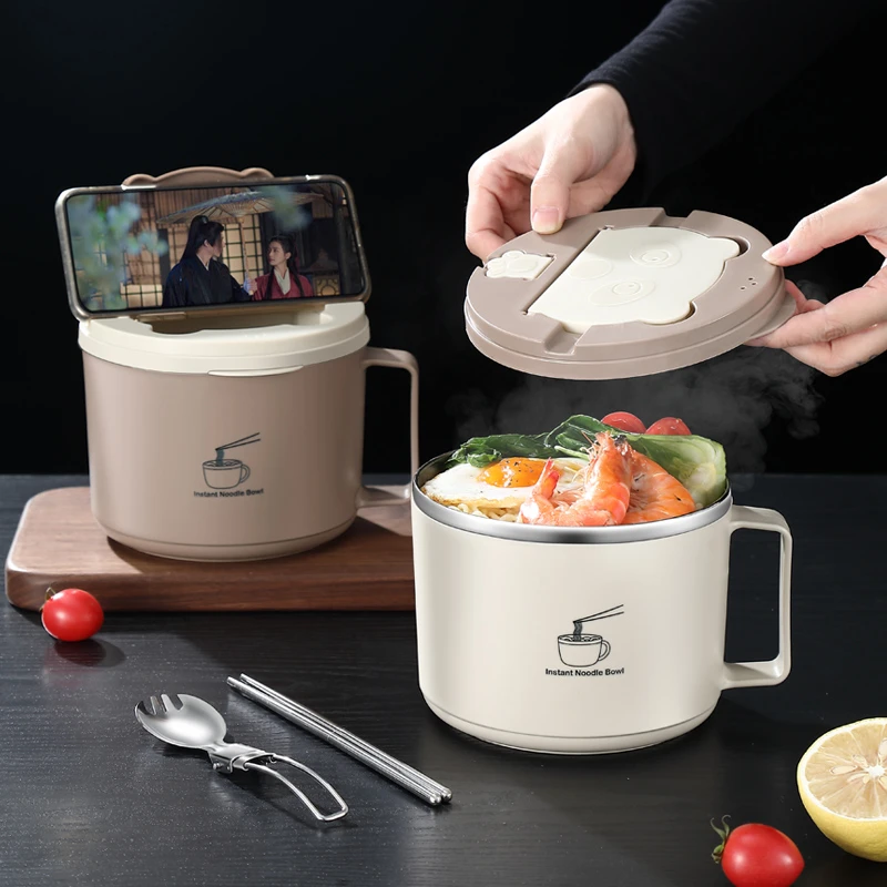 不锈钢泡面碗日式大容量带盖可沥水学生上班宿舍大容量方便面碗