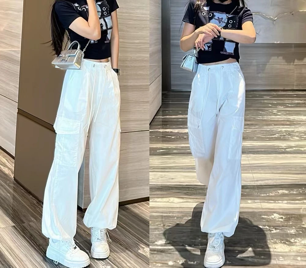 楚楚君~【美式工装】K51753纯色抽绳束脚工装裤