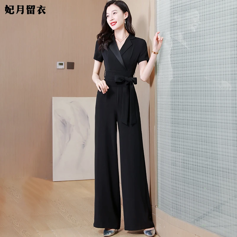 黑色夏季薄款连体裤时尚气质修身显瘦高腰女神长裤西装领阔腿裤女