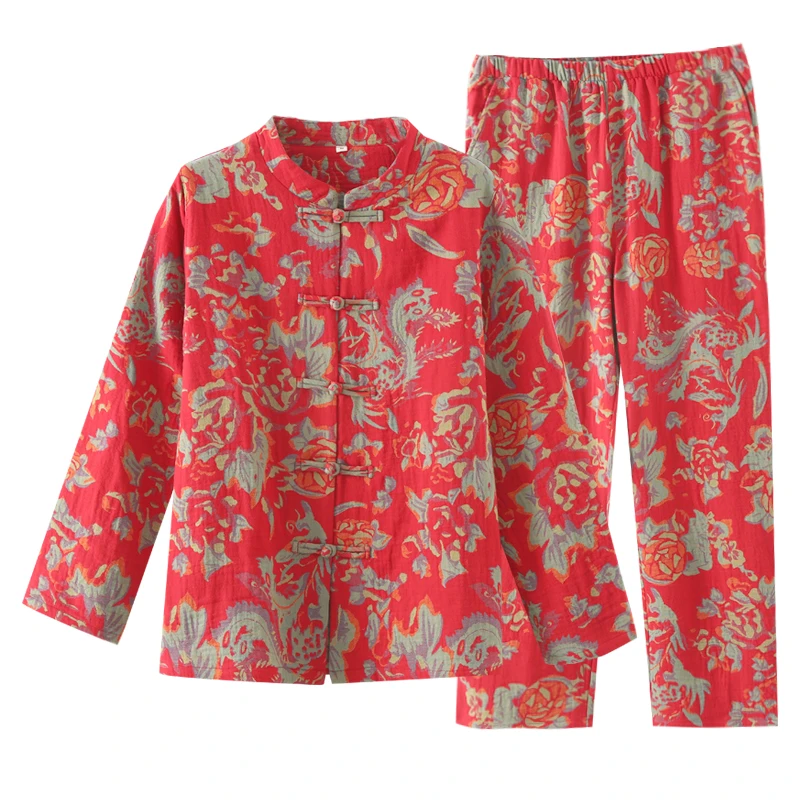 100%纯棉男睡衣双面色织提花全棉宽松大码长袖家居服套装春秋季