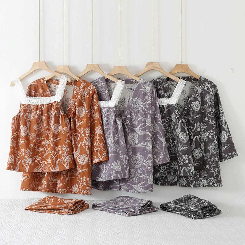 纯棉提花夏季薄款睡衣女套装蕾丝吊带九分袖九分裤三件套家居服