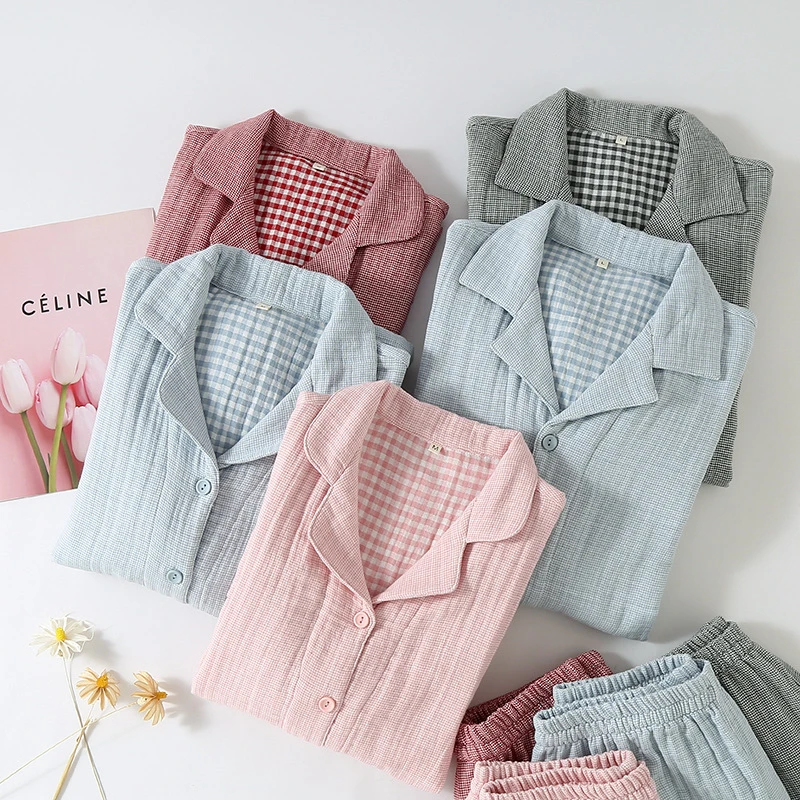 A类新款纯棉四层纱情侣款包边家居服套装秋冬加厚全棉男女士睡衣