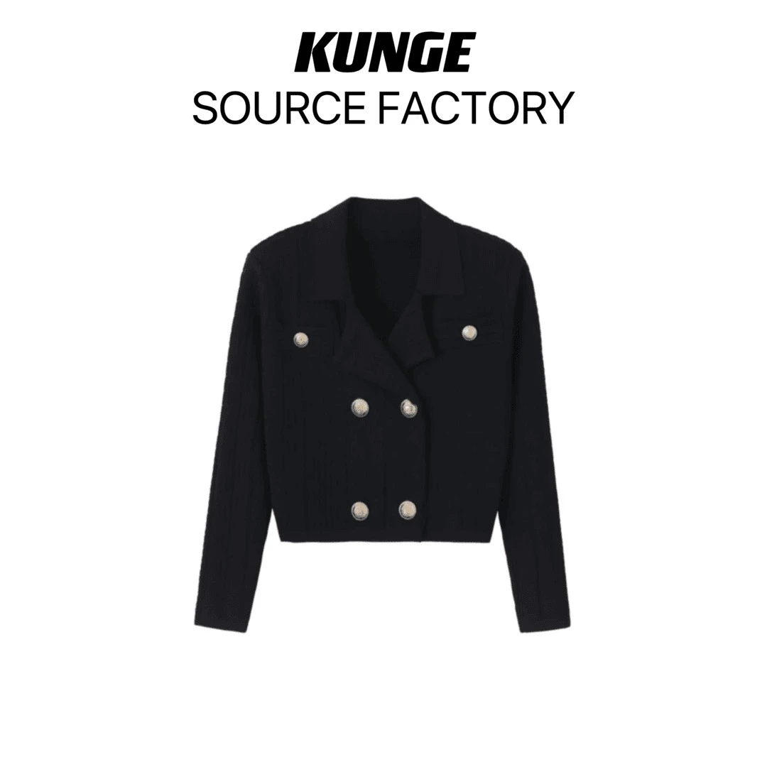 KUNGE-小香高级感双排扣金属垫肩小西装短款针织上衣-7031