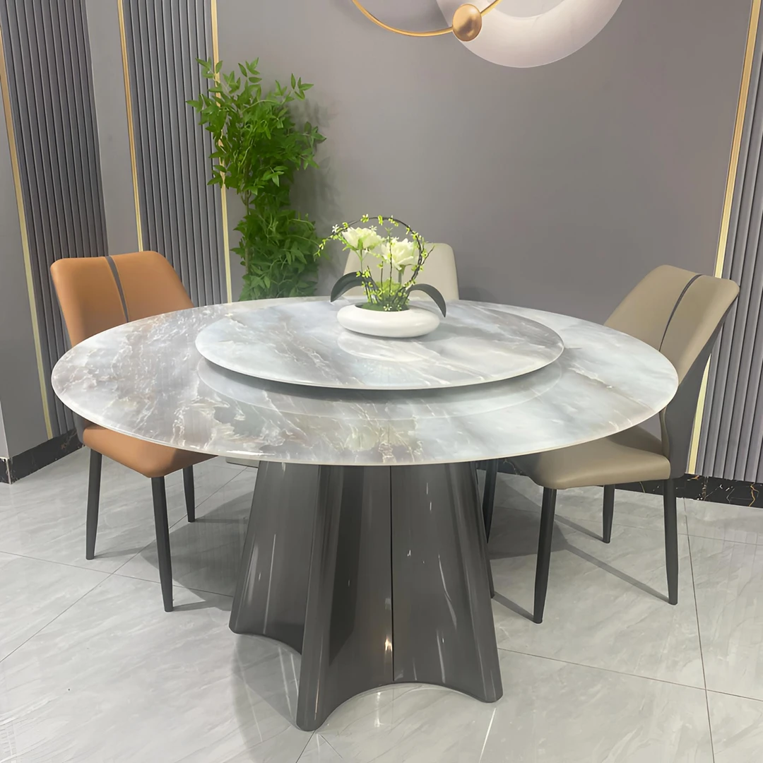 【潘多拉绿】大理石餐桌椅圆形高档轻奢家用带转盘吃饭桌子餐厅圆桌