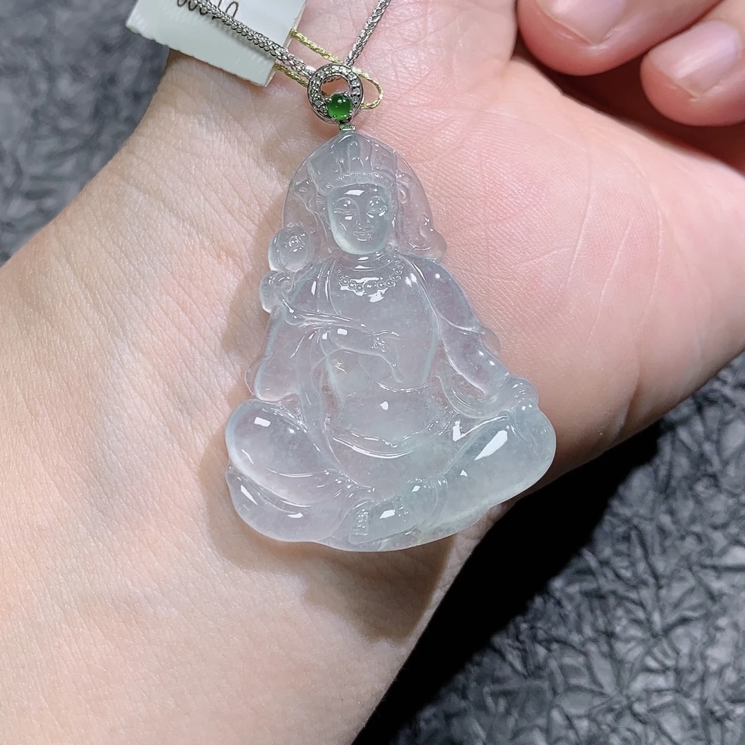 缅甸天然A货翡翠镶嵌18k金冰种老坑料大势至观音吊坠冰透42×33×4