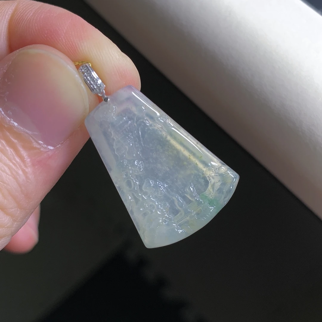 缅甸天然A货翡翠镶嵌18k金冰种雪花棉黄翡山水牌吊坠气质时尚礼物