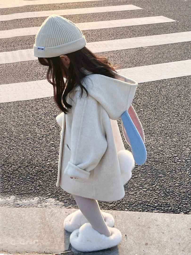 韩国冬季童装2024秋冬新款可爱兔子毛呢大衣女宝宝加厚毛呢外套