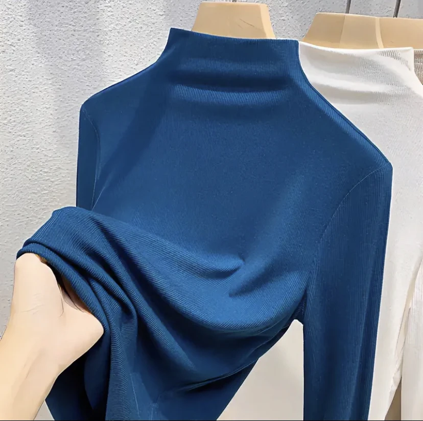 2024秋冬新款时尚百搭半高领韩版纯色加绒打底衫修身显瘦长袖内搭