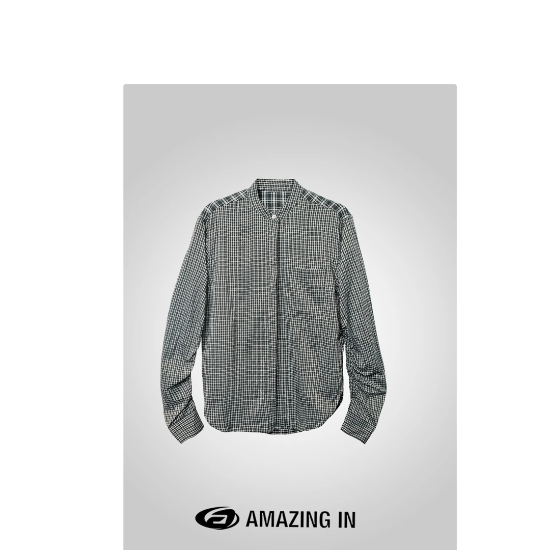 AMAZING IN “朝歌”拼接格纹褶皱弧形宽松衬衫女 A240723-NYDZ-674