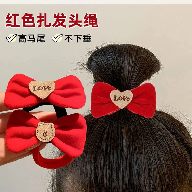 发饰感碎酒红氛围丝绒后脑勺喜庆皮筋新年发圈头饰红色蝴蝶结爆款