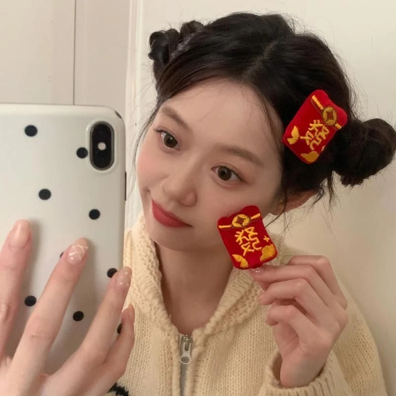 新年发夹可爱红色刘海夹喜庆发卡边夹鸭嘴夹少女心发饰品