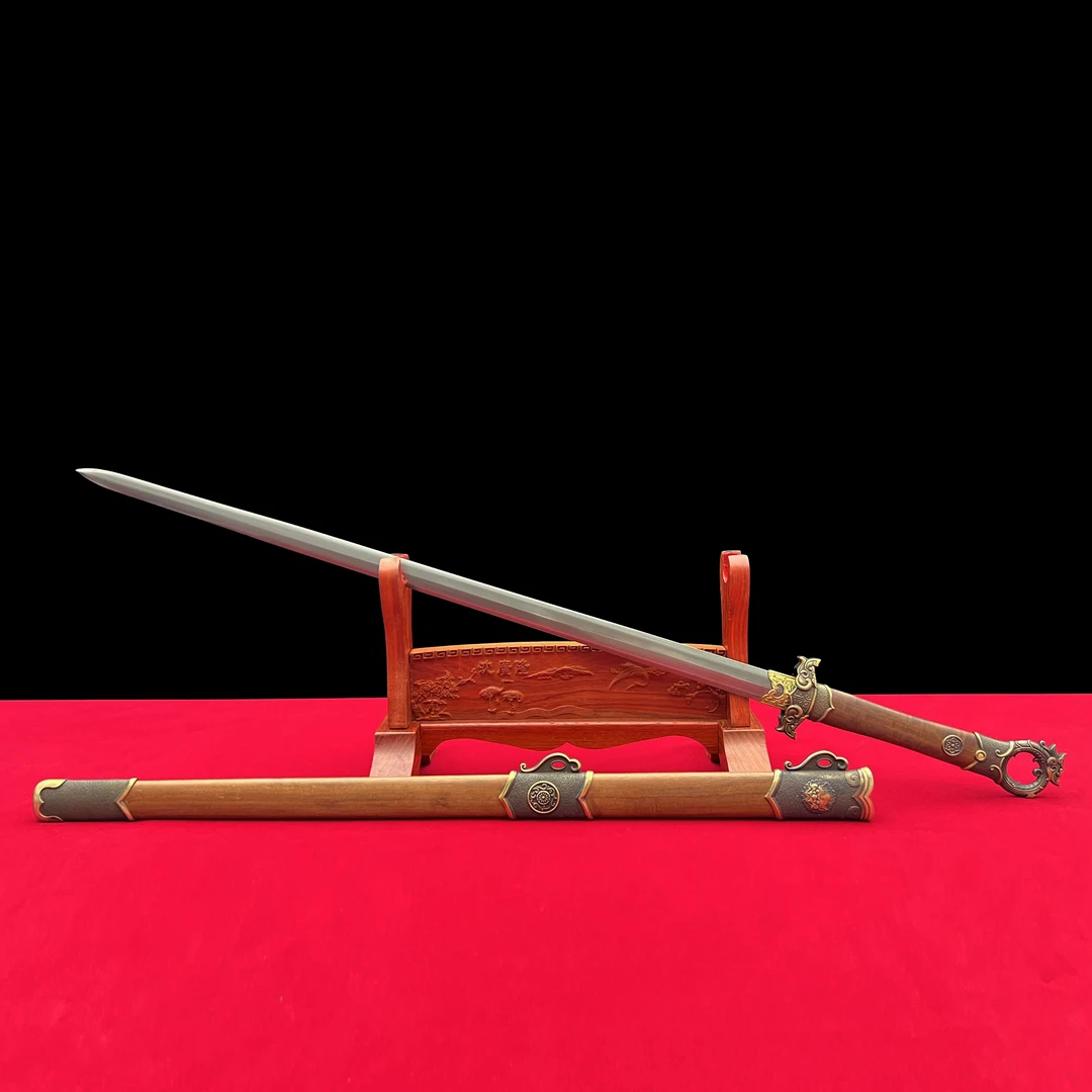 龙泉沈广隆-龙门环首剑 做旧 八面 花纹钢 汉剑 手工锻打 未开刃