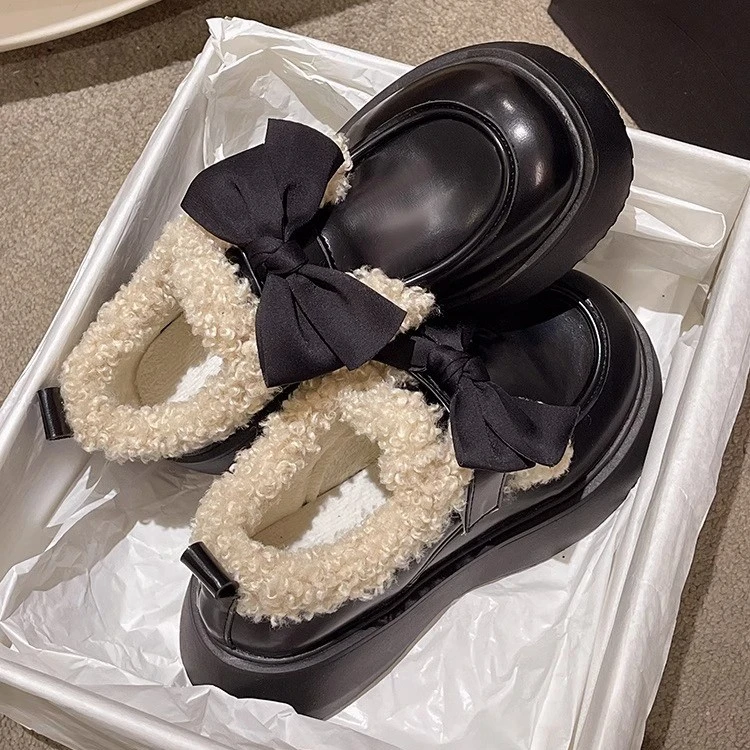 棕色小皮鞋女2023新款秋冬季加绒英伦风雪地靴棉鞋子毛毛鞋乐福鞋