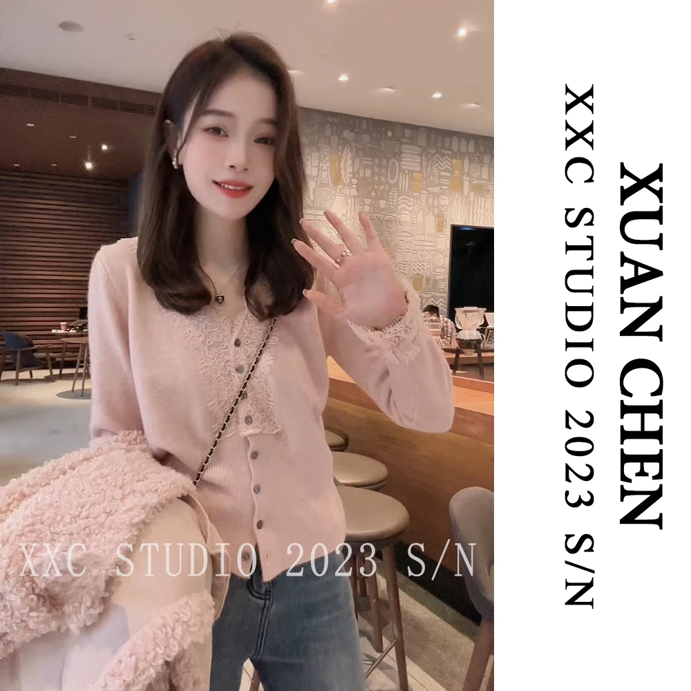 【剪月光】时尚设计感蕾丝拼接V领韩版修身显瘦长袖百搭针织衫#2295