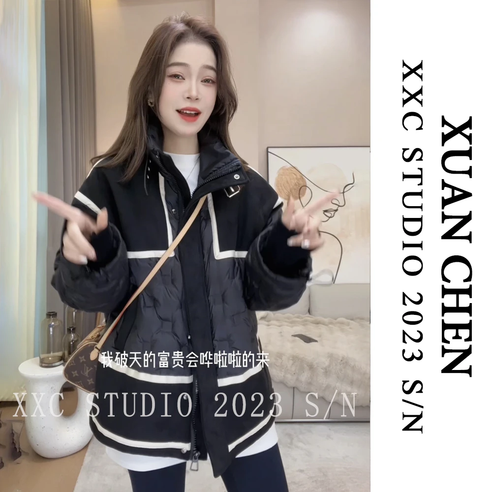 【北冰洋】冬款重工菱格毛呢拼接立领90白鸭绒机车羽绒服外套#2090