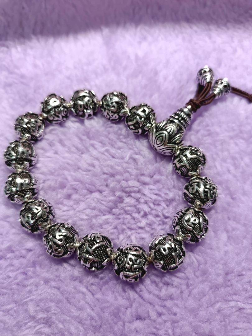 足银手链 足银手链 足银六字真言梵文手链男女款复古心经16圆珠