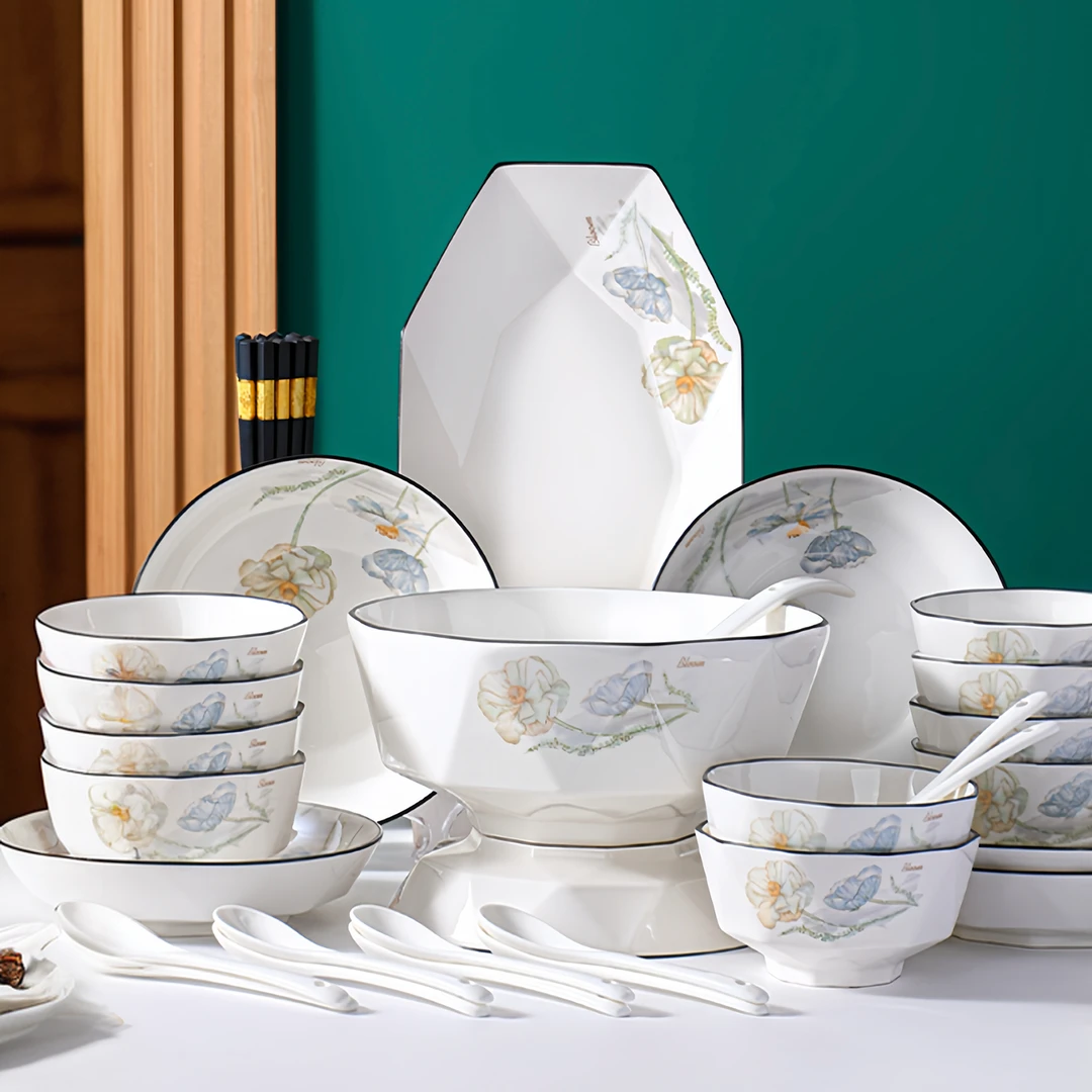 陶园春爱莲说15家用轻奢中式陶瓷釉下彩碗盘套装菜盘饭碗餐具