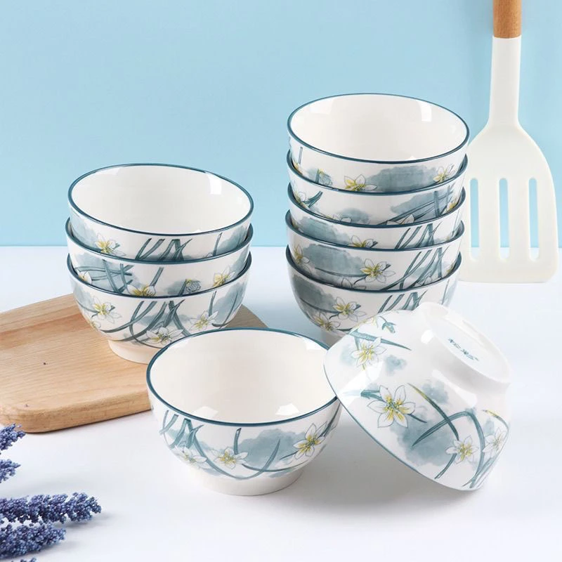 水仙花4.5英寸碗10个装陶瓷釉下彩国风田园风米饭碗