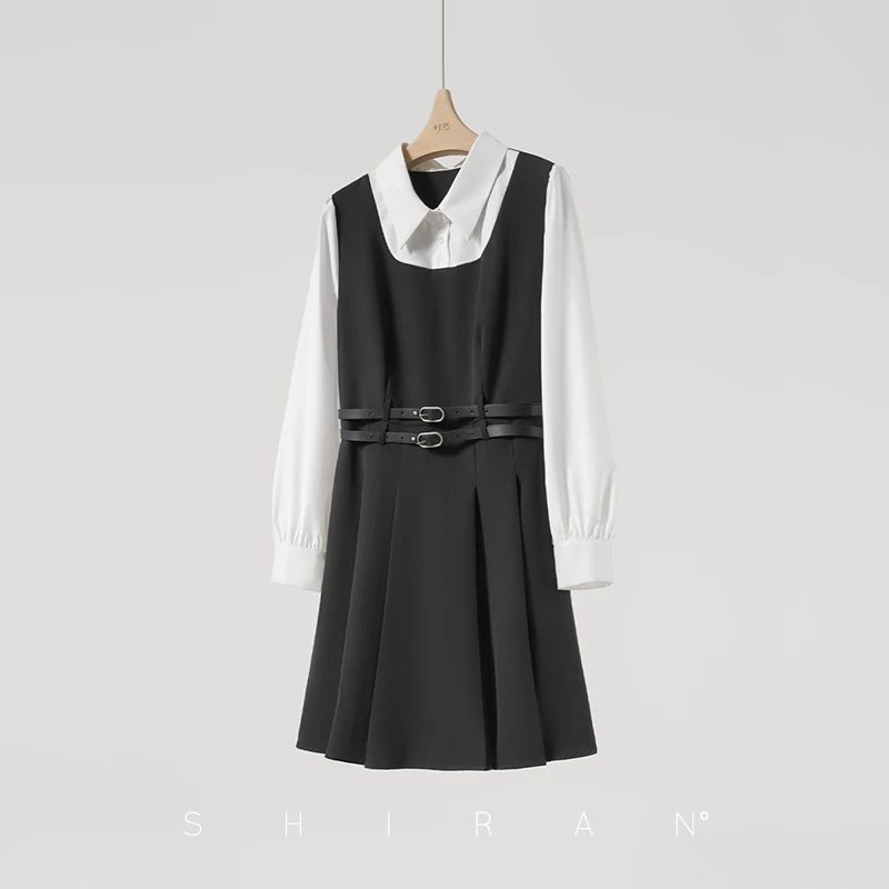 时然微胖大码女装韩系设计感撞色拼接假两件显瘦连衣裙S4QL9A005