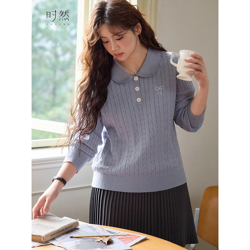时然微胖大码女装娃娃领套头毛衣韩系显瘦针织衫秋冬翻领休闲上衣