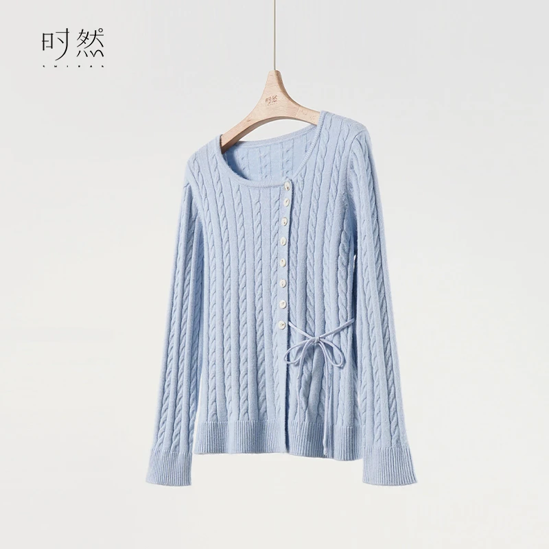 时然微胖大码女装套头针织衫冬季新款韩系保暖遮肉蓝色圆领毛衣