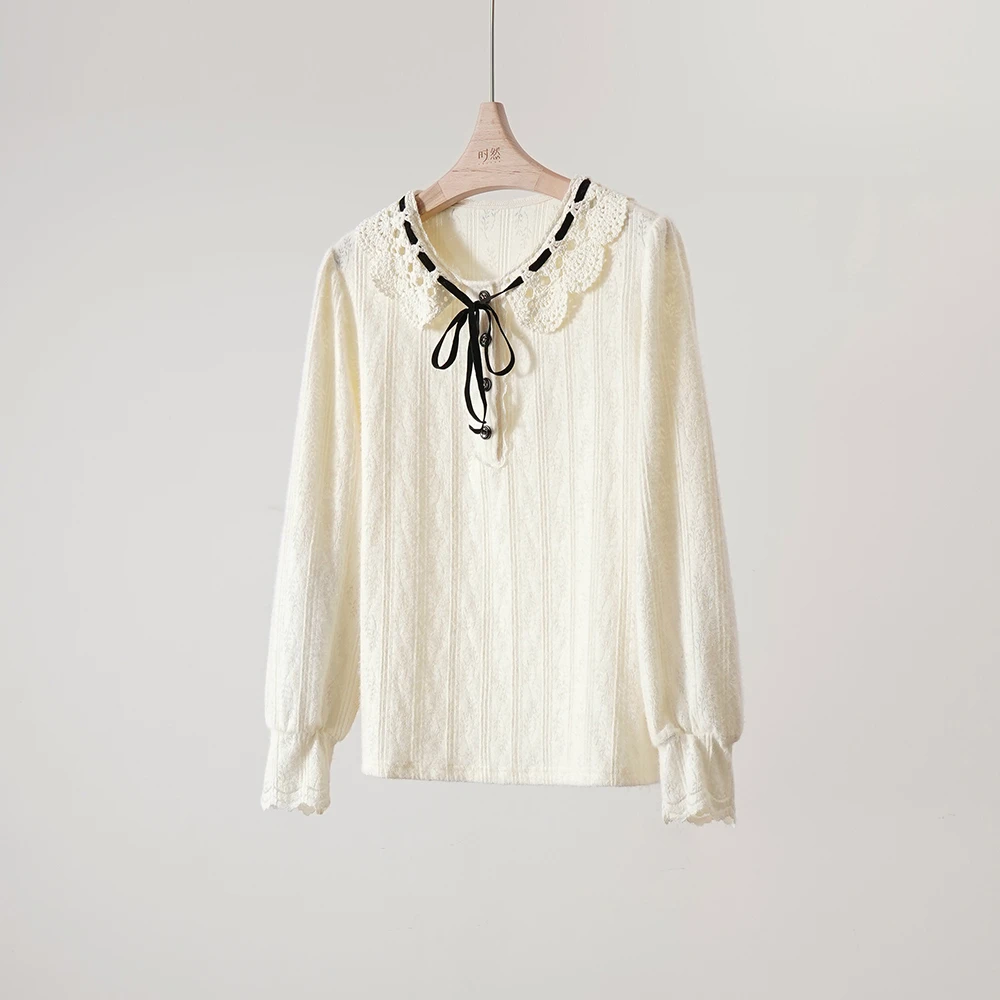 时然微胖大码女装胖妹妹高级百搭蕾丝法式系带衬衫女S4CRBB001
