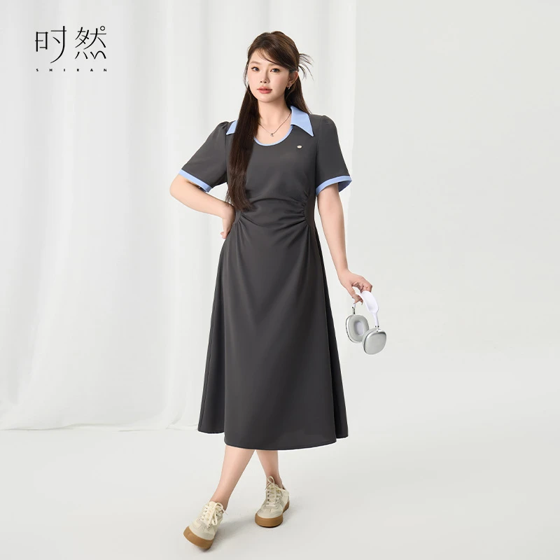 时然微胖大码女装胖妹妹显瘦显瘦遮肉翻领短袖连衣裙S4XL3A005