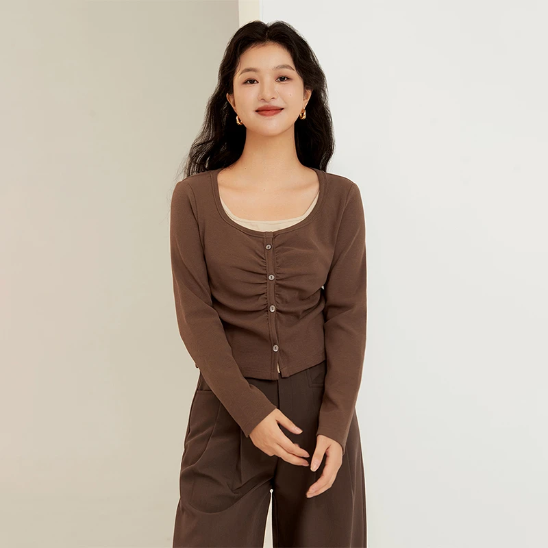 时然微胖大码女装胖妹妹针织衫收腰假两件U领针织衫上衣S3QT8A001