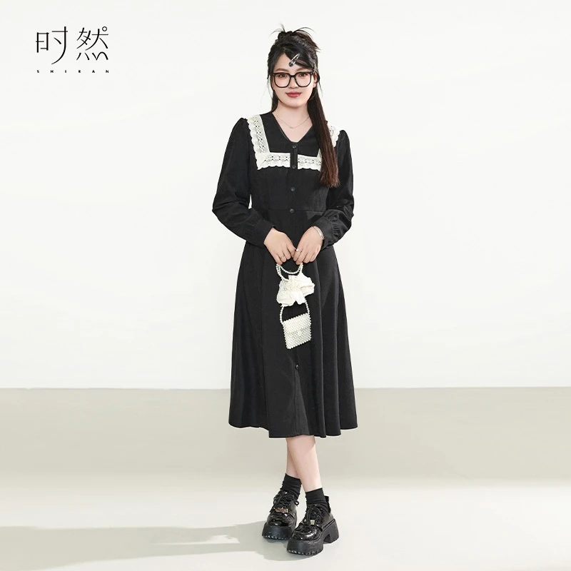 【反季】时然微胖大码女装胖妹妹收腰蕾丝V领撞色连衣裙S4CLBB007