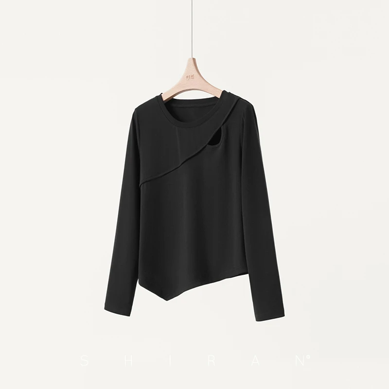 时然微胖大码女装显瘦高级秋季新款圆领镂空百搭休闲T恤S4QT8A002