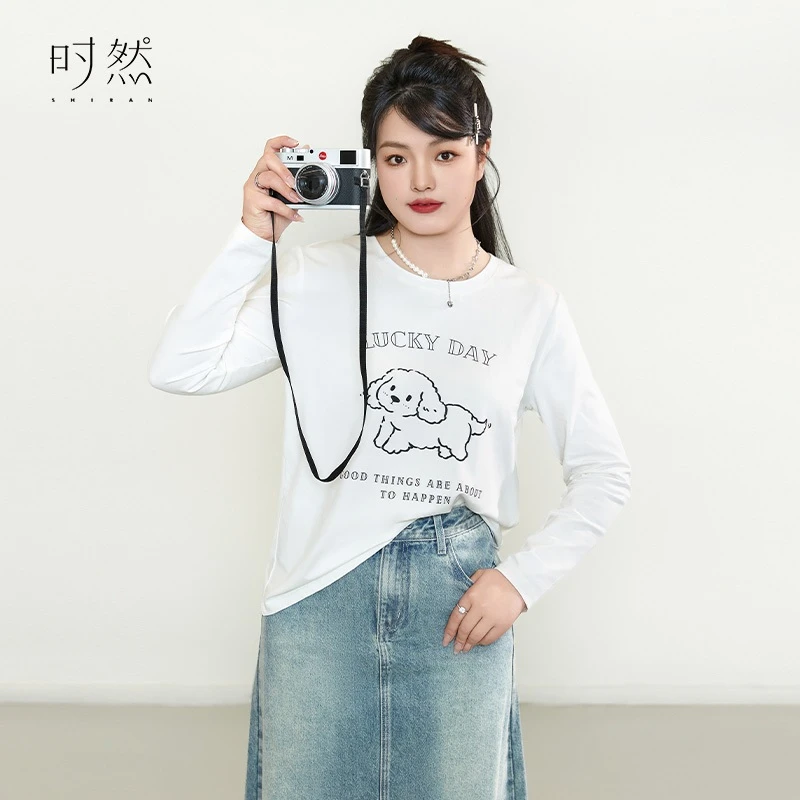 时然大码女装胖妹妹正肩女圆领遮肉休闲印花图案长袖T恤S4CTBB003