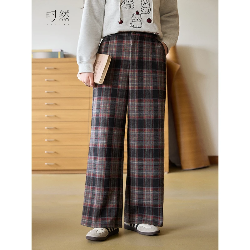 时然微胖大码女装冬新款休闲裤保暖遮肉阔腿裤加厚毛呢百搭直筒裤