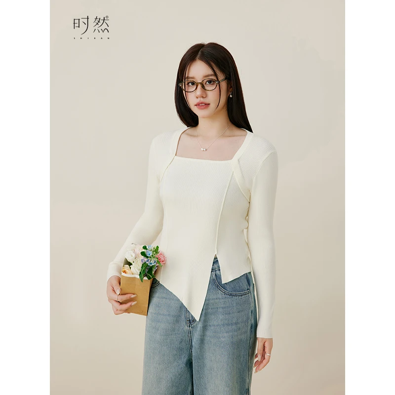 时然微胖大码女装显瘦气质百搭实穿韩系简约开叉针织衫S4QZ8A002