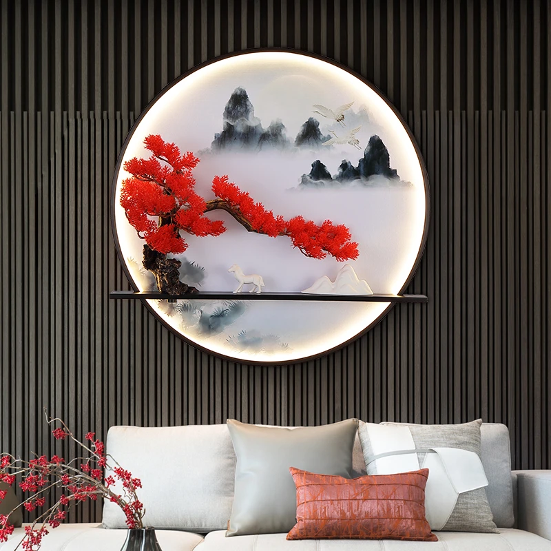 新中式入户玄关茶室装饰画客厅沙发背景墙办公室梅妻鹤子壁画灯