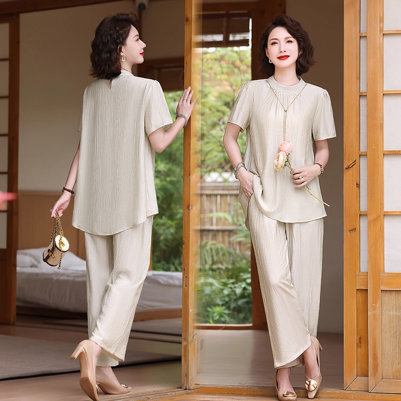 2024夏季新款时尚气质中年女装轻奢高腰两件套简约显瘦慵懒套装