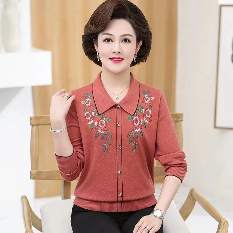 中老年女装妈妈装纯色春秋婆婆老人衣服针织圆领打底衫套头洋气