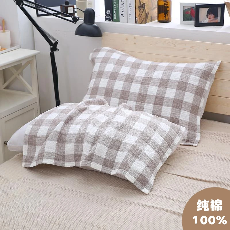 纯棉成人纱布枕巾三层纯棉复古格子100%纯棉日系格子透气吸汗柔软